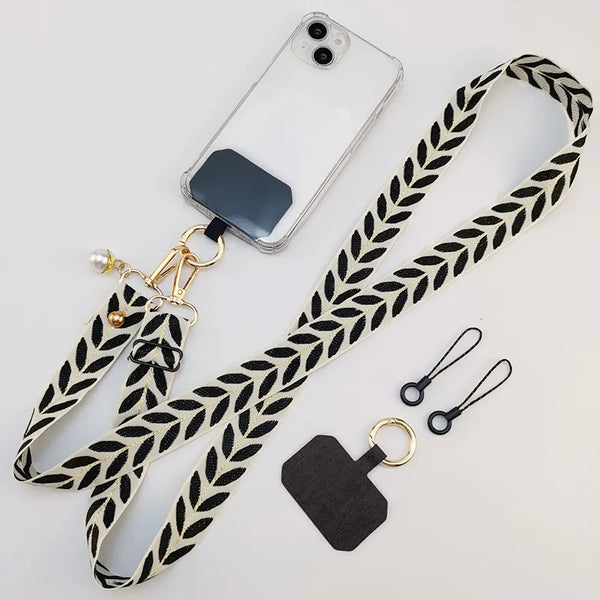 Long Crossbody Phone Lanyard Adjustable Neck Strap Wide Cloth Neckband Strap Rope Women's Pearl Hanging Anti-Lost Phone Lanyard