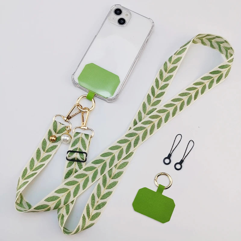 Long Crossbody Phone Lanyard Adjustable Neck Strap Wide Cloth Neckband Strap Rope Women's Pearl Hanging Anti-Lost Phone Lanyard