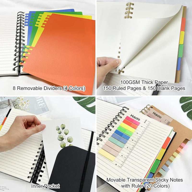 A5 Hardcover Large Spiral Notebook,Subject Spiral Notepad,Index Planner Journal with Dividers,Spiral Note Book with Sticky Notes