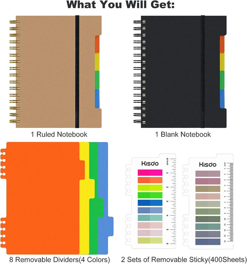 A5 Hardcover Large Spiral Notebook,Subject Spiral Notepad,Index Planner Journal with Dividers,Spiral Note Book with Sticky Notes