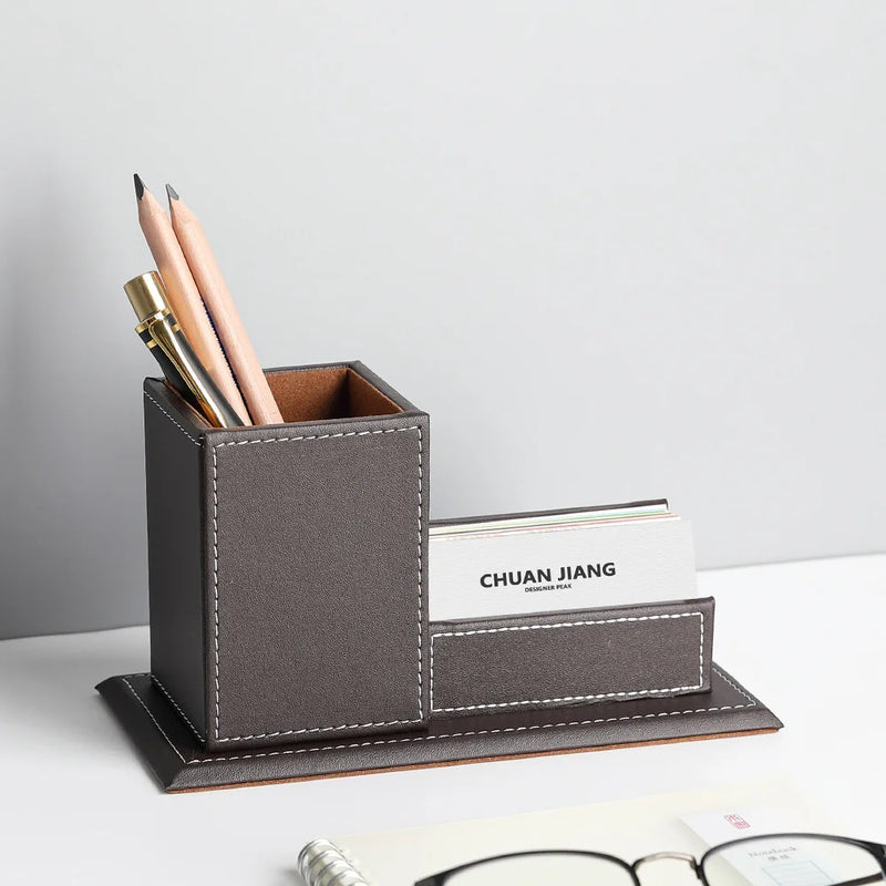 Modern Office Desk decoration Ornaments Business Card Storage Box Multifunctional Rectangular Business Leather Pen Holder