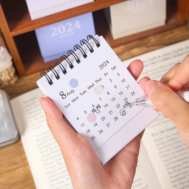2024.09 - 2024.12 Solid Color Mini Coil Desk Calendar with Dots Stickers Daily Planner Work Schedule Creative Supplies