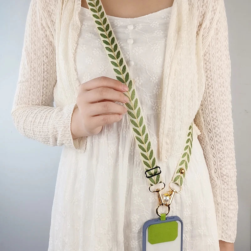 Long Crossbody Phone Lanyard Adjustable Neck Strap Wide Cloth Neckband Strap Rope Women's Pearl Hanging Anti-Lost Phone Lanyard