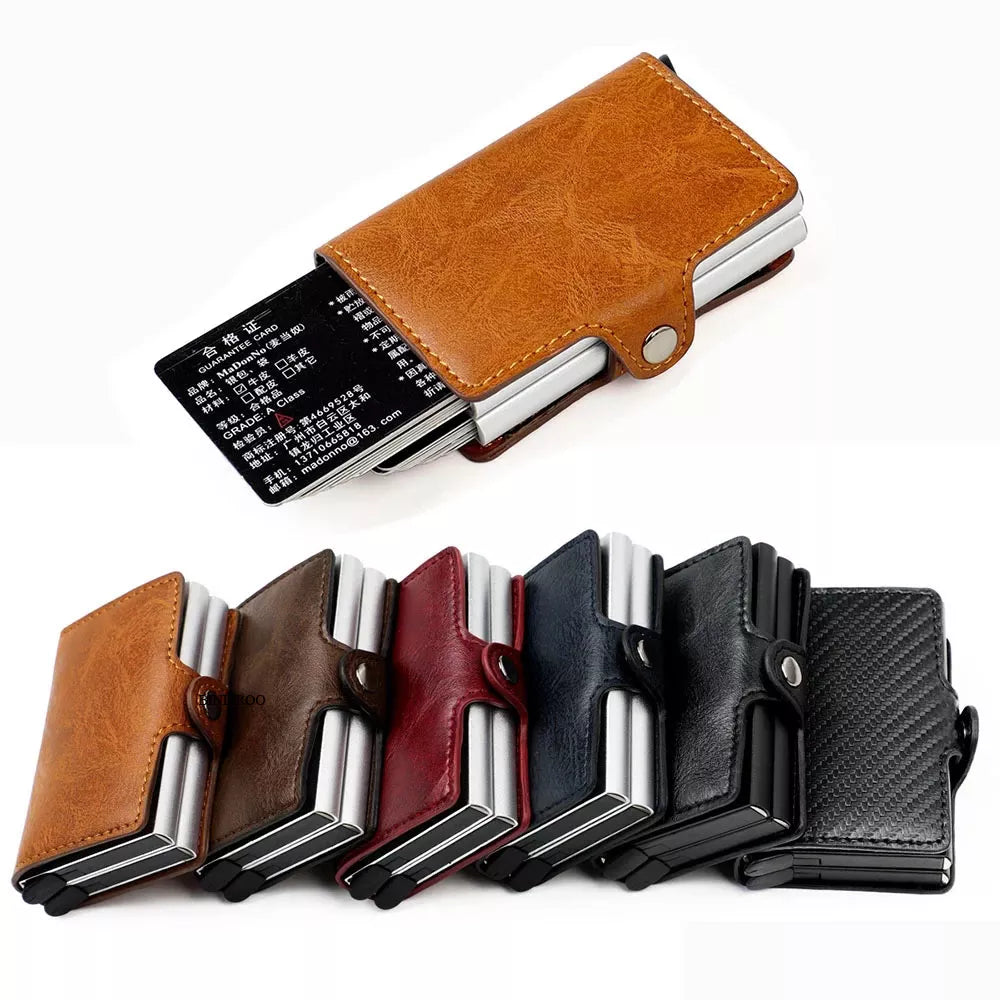 Custom RFID Blocking Men Wallet Credit Card Holder Leather Card Wallet Double Metal Box ID Card Holder Money Clip Purse New 2023